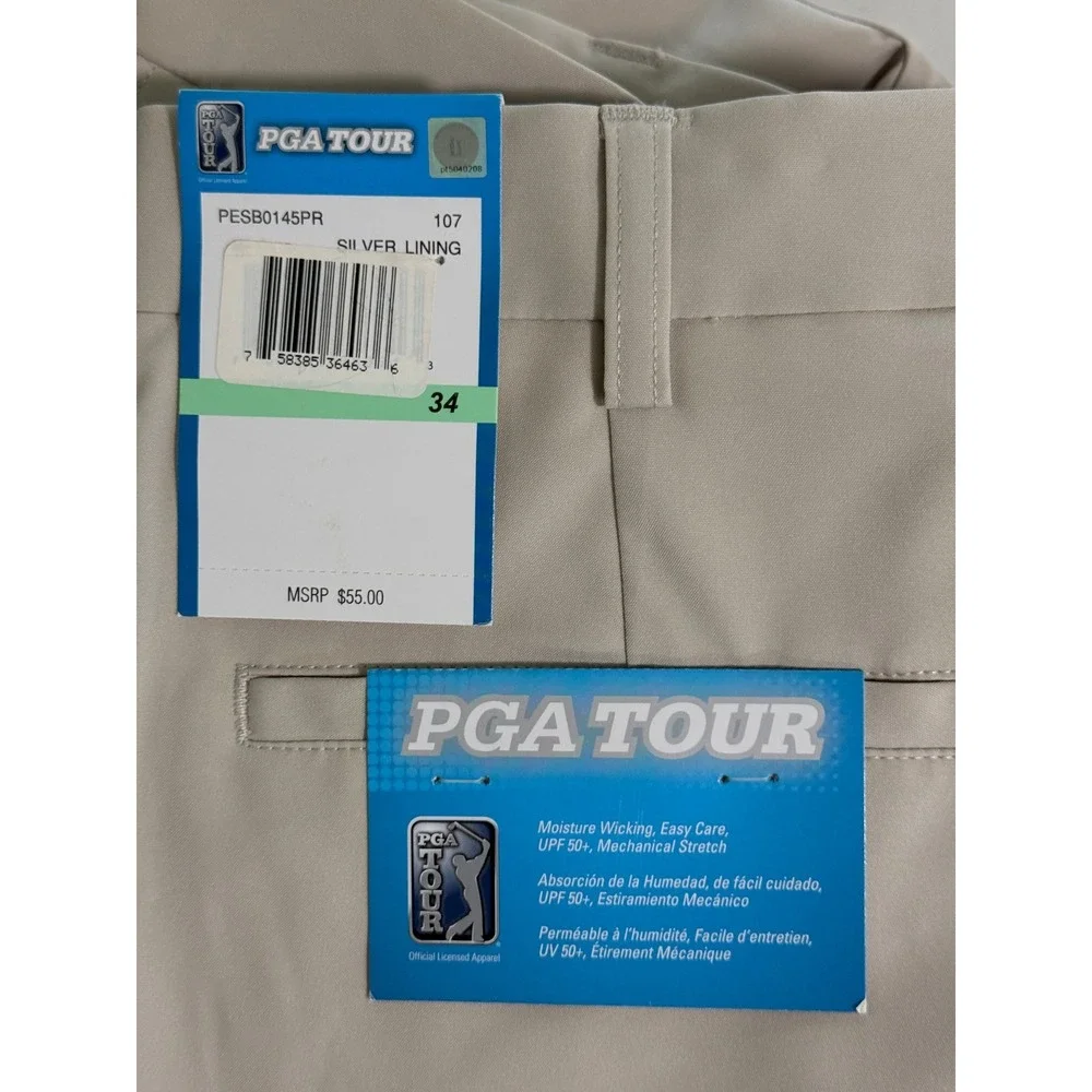 PGA Tour Mens Silver Lining Golf Shorts Beige 34 Moisture Wicking UPF 50